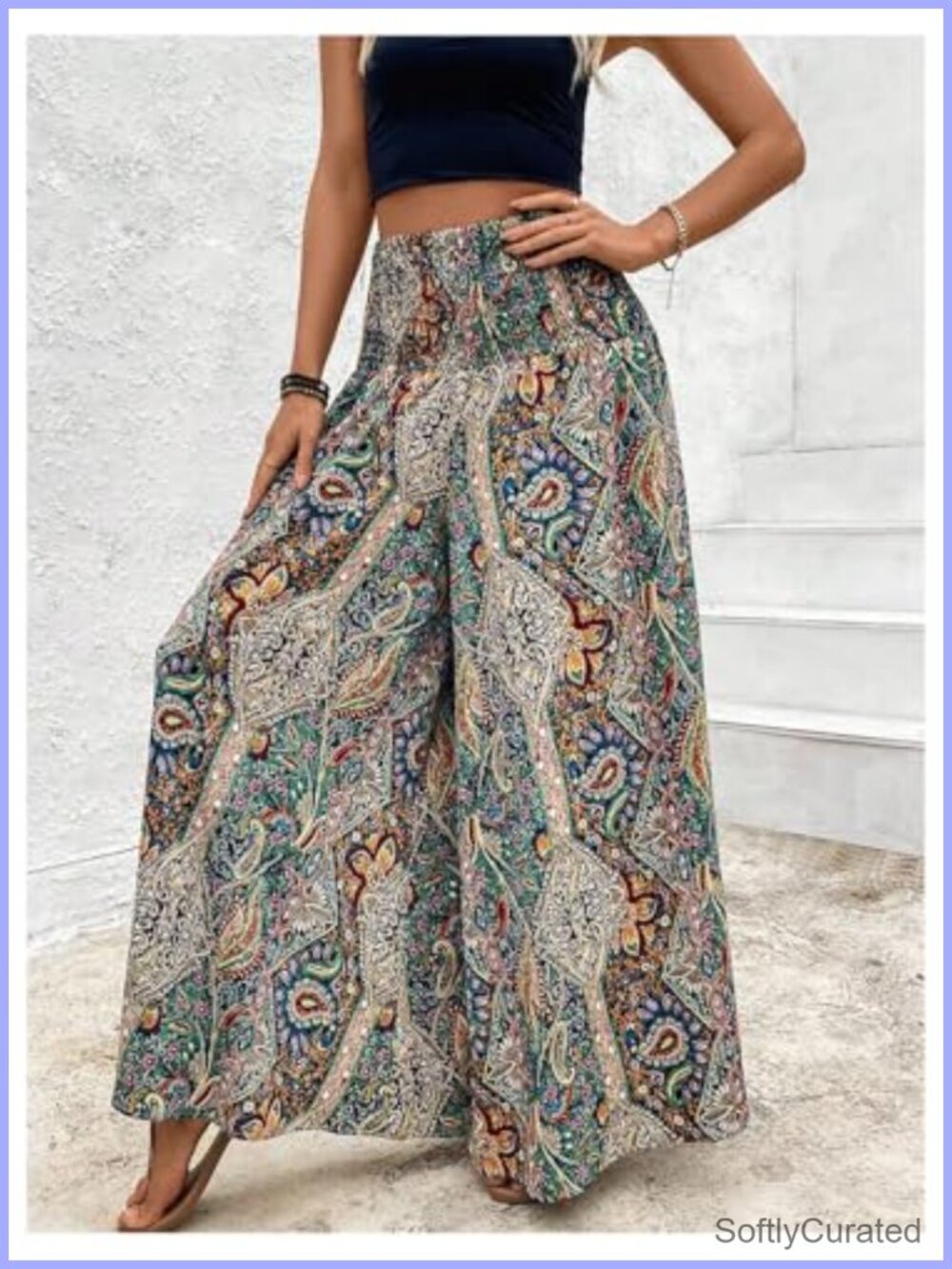 Boho Paisley Print Palazzo Pants High Waisted Wide Leg Smocked Waist Flowy - Picture 2 of 3